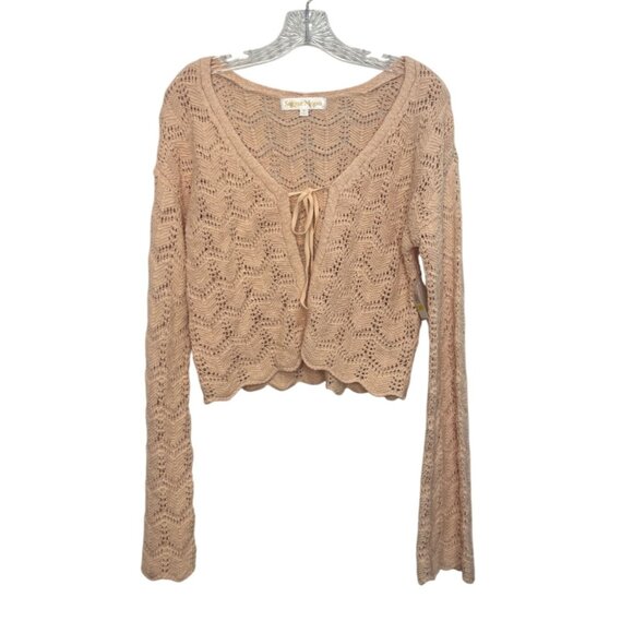 Sugar Moon Open Knit Crochet Cardigan Sweater Womens Medium Peach New Tie Front - Picture 2 of 10